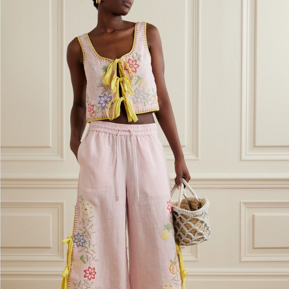 Alemais Olivia Tie-detailed Embroidered Linen Top